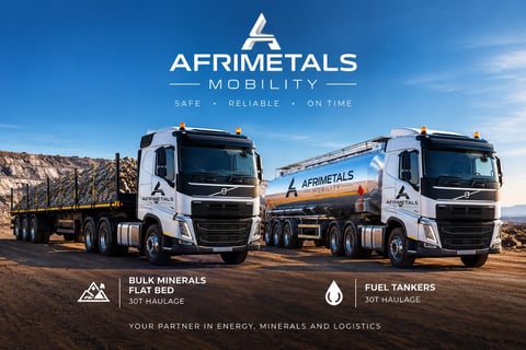 Two Afrimetals Mobility trucks - a bulk minerals flatbed and fuel tanker - parked in desert landscape